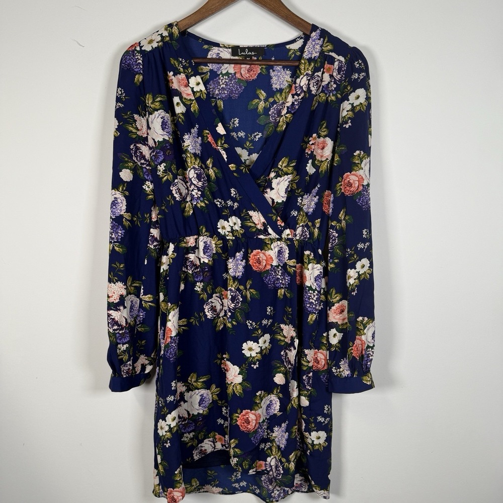 Women's Lulus Floral‎ Long Sleeve Dress Navy Blue Medium Spring Summer